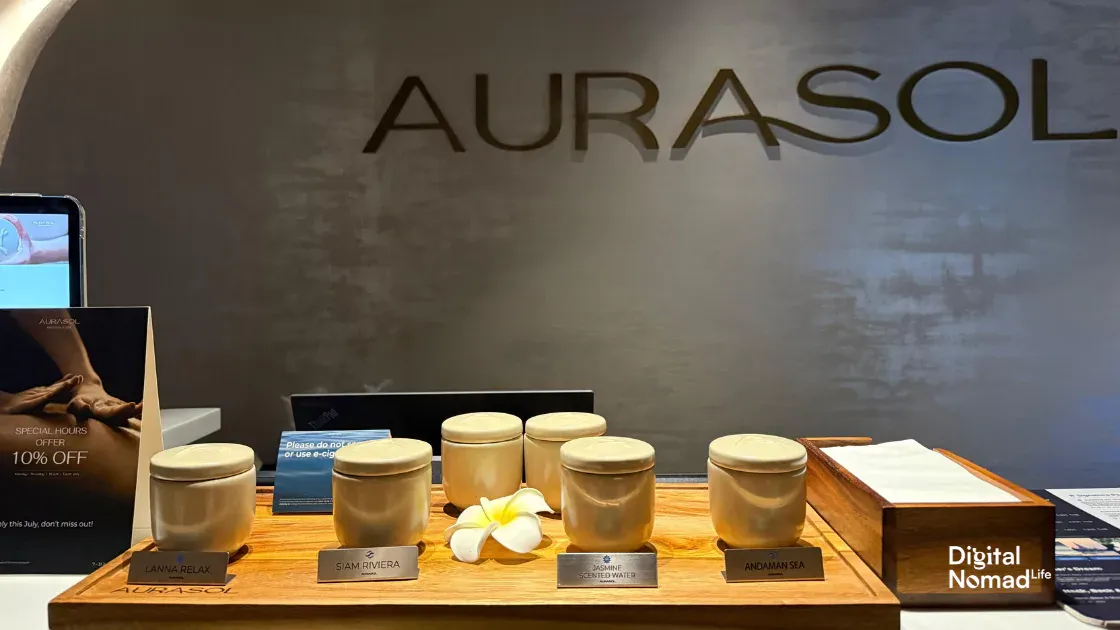 Choosing aromatherapy oil for a massage in a thai spa